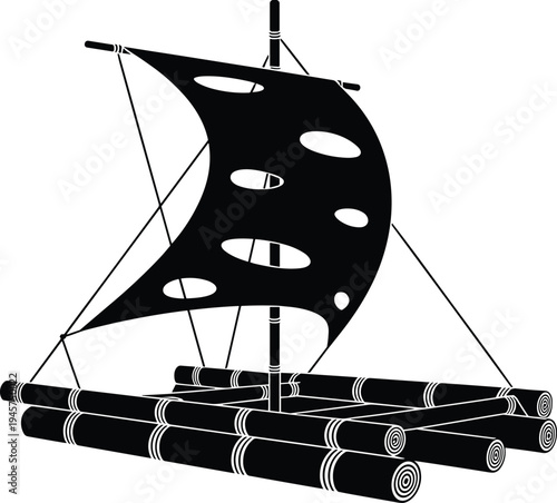 Bamboo raft with sail, traditional wooden boat silhouette, river transportation concept, adventure travel symbol, black vector illustration isolated