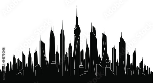 Silhouetted modern cityscape showcases sharp, towering skyscrapers against a stark white background, suggesting urban density and growth.