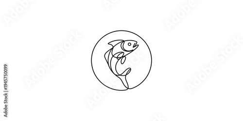 A single line art illustration of a jumping fish within a circle on a plain white background Vector, illustration