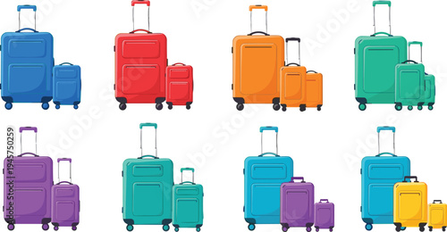 Colorful travel suitcase set vector illustration with rolling luggage bags collection for vacation tourism airport travel equipment isolated on background