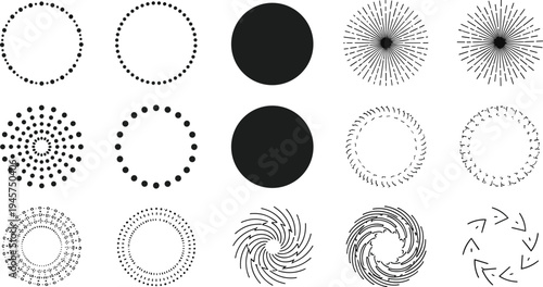 Abstract circular elements collection with dotted rings, radial sunburst shapes and spiral swirl patterns for modern graphic design vector set