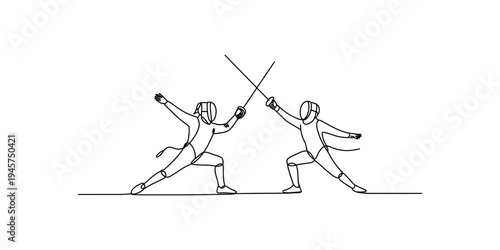 A continuous line drawing of two fencers engaged in a dynamic duel with crossed swords Vector, illustration