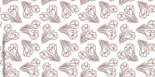 Seamless floral pattern with crocus and buds in line art style. Ideal for textile, wallpaper, stationery, wrapping paper and bed linen.