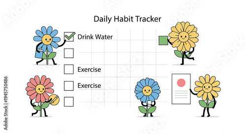 Cute Flower Characters Tracking Daily Habits on a Grid Chart