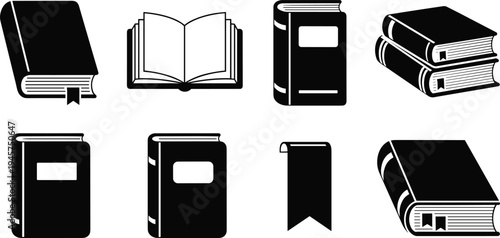 Book icons set vector illustration collection with open and closed books, stacked textbooks and bookmark symbols for education library reading design