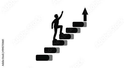 A bold silhouette of a person ascending dark, shadowed steps toward a bright upward arrow signifies personal achievement and career progression.