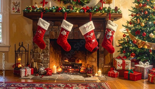Festive Christmas Fireplace Scene with Stockings and Gifts.