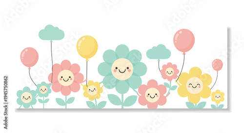 Cute Happy Flowers with Balloons and Clouds - Kawaii Garden Illustration