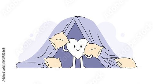 Cute Heart Character Building Pillow Fort, Cozy and Playful Illustration