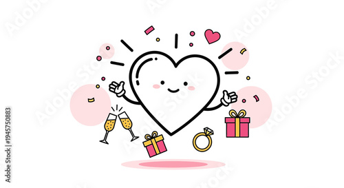 Cute Heart Character Celebrating with Gifts, Champagne, and Ring
