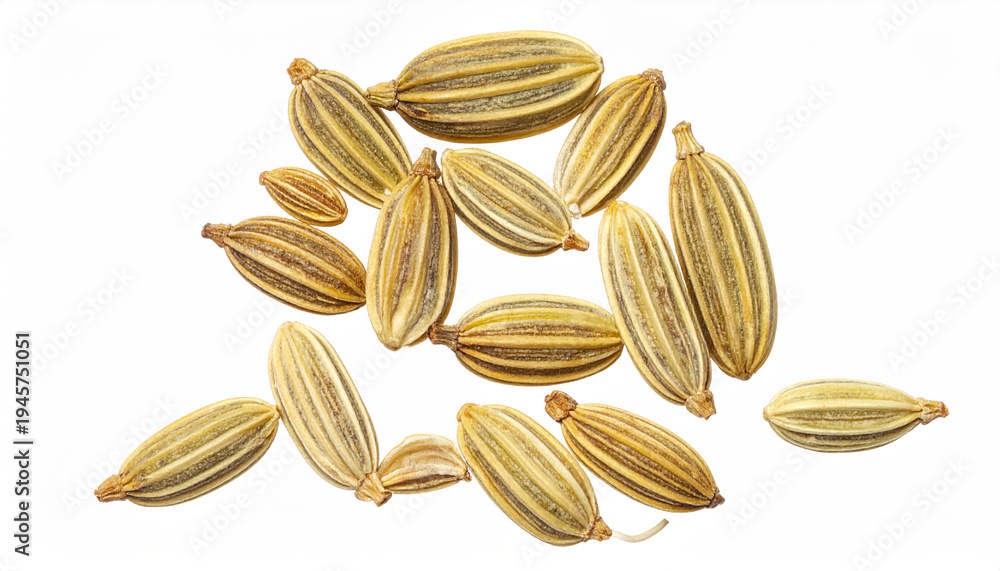 Obraz premium Scattered individual fennel seeds with visible texture and color variations on white