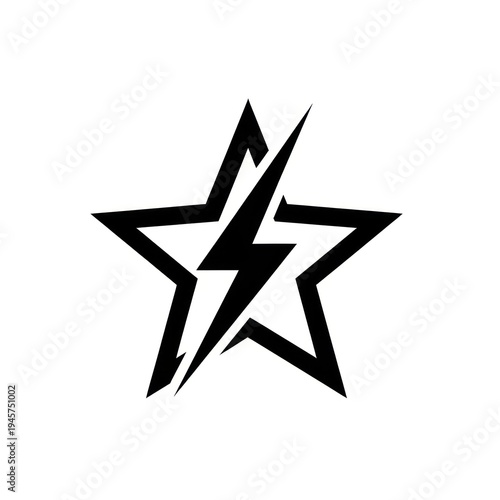 Bold, graphic black star with a jagged lightning bolt bisecting it on a white background