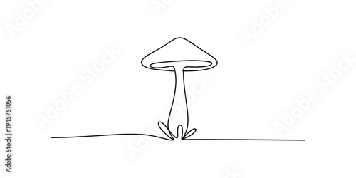 A single line drawing illustration of a mushroom with a cap and stem on a white background Vector, illustration