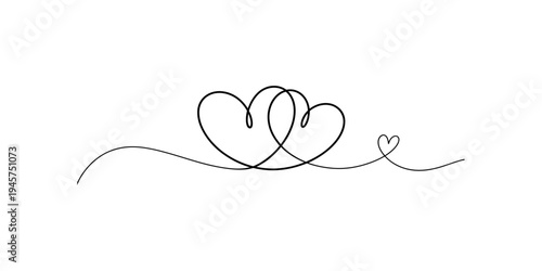Continuous line art illustration of three hearts, representing love and connection between a family or couple Vector, illustration