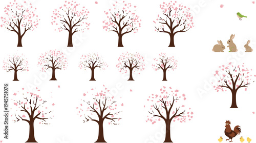 Cherry blossom trees collection with falling pink petals, spring sakura tree illustrations and cute woodland animals vector set