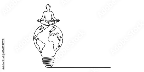Continuous line art drawing of a person meditating on a globe shaped like a light bulb Vector, illustration