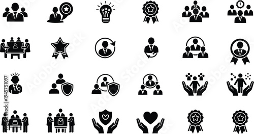 Business teamwork icons set, leadership and recognition symbols, collaboration and support visuals, award and achievement illustrations, corporate concept graphics