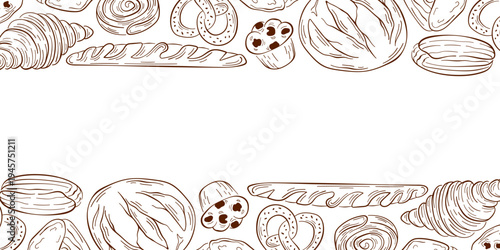 Border with line art style bakery product, bread, croissant, baguette and pretzel. Illustration background for bakery package, menu, wallpaper and cafe design.