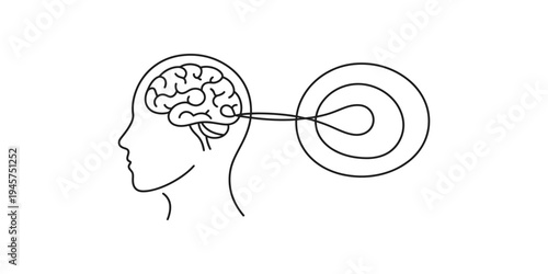 Abstract illustration depicting a human brain projecting thoughts or influence towards a target Vector, illustration