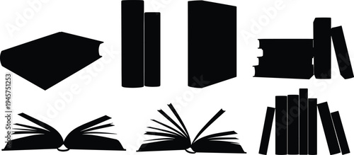 Book silhouettes vector collection, stacked and open books, education icons, literature graphics, school design, reading illustration, publishing art, knowledge symbol