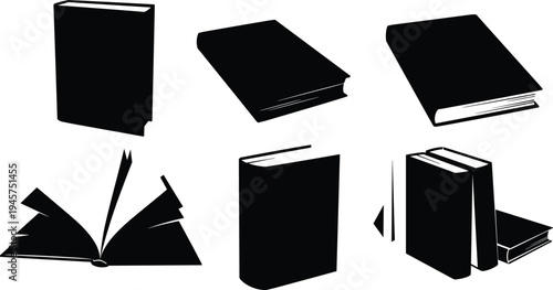 Book silhouettes vector set, stacked and upright books, open and closed icons, education graphics, literature design, reading illustration, publishing art