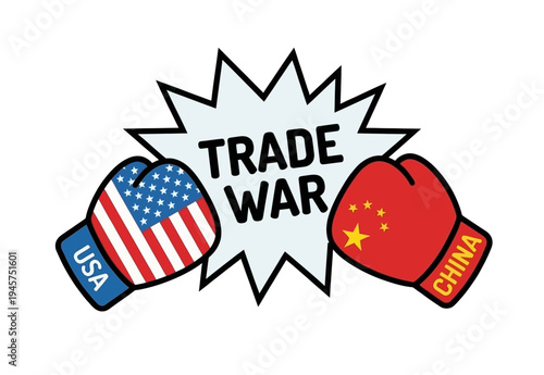 Illustration of a trade war between the United States and China, symbolized by boxing gloves with national flags and a 'TRADE WAR' speech bubble.