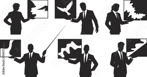 Business presenter with abstract art boards, corporate presentation concept, professional speaker silhouette, modern gallery exhibition, vector illustration isolated