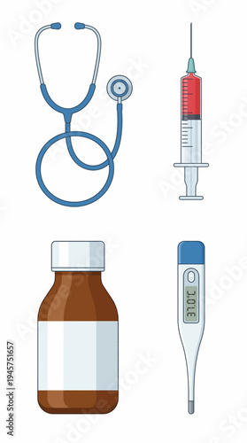 Collection of Essential Medical Instruments and Supplies for Healthcare, Diagnosis, and Patient Treatment