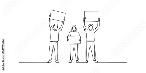 Three people holding blank protest signs in a continuous line art style illustration, representing activism and demonstration. Vector, illustration