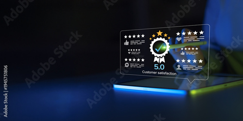 Tableau sur toile Five Star Customer Satisfaction Concept Displaying Reviews Ratings And Quality Score