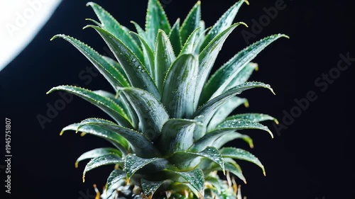 Fresh pineapple crown isolated on black background green leaf detail