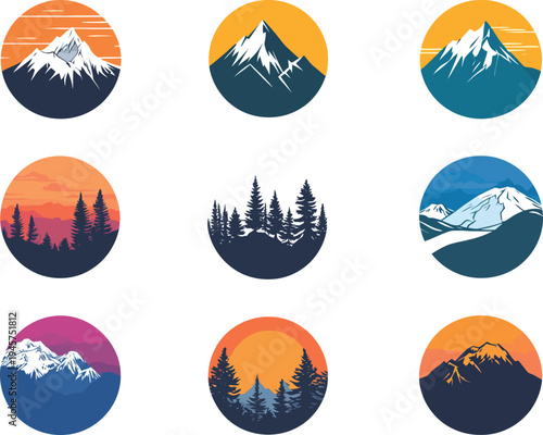 Set of 9 Circular Mountain and Forest Landscape Vector Illustrations, Minimalist Nature Icons EPS
