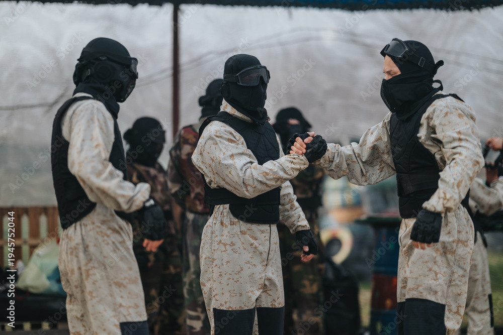 Fototapeta premium Team members in protective vests greet each other on a paintball field, signaling sportsmanship and teamwork after a round.