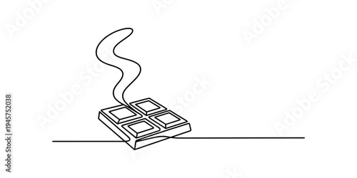 Continuous line drawing of a piece of chocolate with steam rising, symbolizing warmth and aroma Vector, illustration