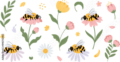 Cute Cartoon Bumblebees Pollinating Wildflowers with Leaves, Petals, and Blooming Garden Plants Spring Nature Vector Illustration Collection