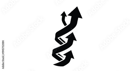 Three black arrows twist upward in a complex, interwoven helix formation signifying continuous growth and upward trajectory on a white backdrop.
