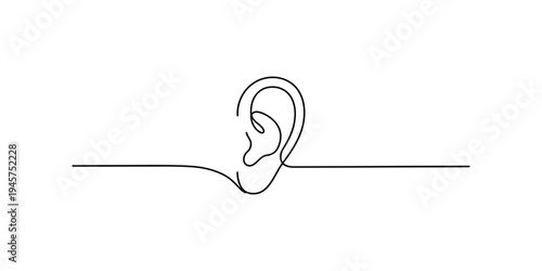 A minimalist one-line drawing of a human ear on a solid white background, symbolizing hearing and simplicity Vector, illustration