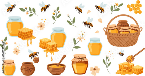 Honey and Beekeeping Collection with Honey Jars, Honeycomb Pieces, Honey Dipper, Bees, Flowers, and Basket of Honey Pots Natural Sweet Vector Illustration Set