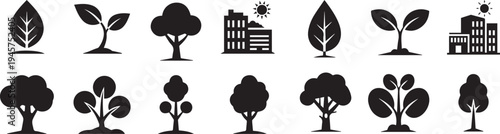 Collection of various tree and building silhouettes