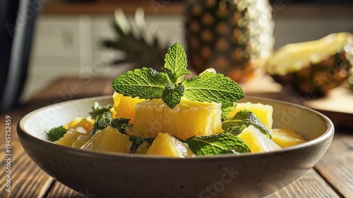 Fresh pineapple salad with green leaves in a ceramic bowl