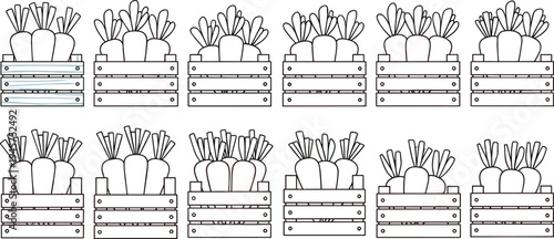 Carrots in wooden crate line art icon set, fresh organic vegetable harvest boxes collection, farm produce agriculture market vector illustration isolated