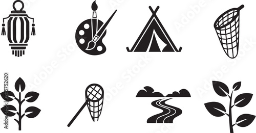 Silhouette icons of camping and art supplies in a grid layout silhouette