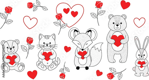 Cute woodland animals with hearts and roses collection, romantic bear, fox, cat and bunny vector illustration set for Valentine design