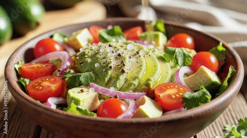 Fresh salad bowl with avocado tomatoes and red onion on rustic wood