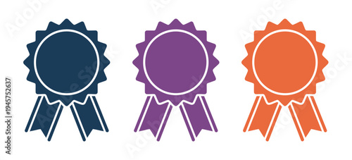 Prize ribbon vector set, colorful blue, purple, and red rosettes for first place awards, suitable for contests, competitions, achievement badges, and celebratory design projects.