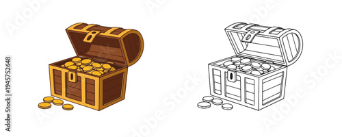 Treasure chest in flat cartoon and linear styles filled with gold coins representing wealth and adventure on white background
