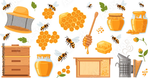 Beekeeping Honey Production Collection with Bees, Honeycomb, Beehive Boxes, Honey Jars, Dipper, Smoker, and Natural Honey Drips Vector Illustration Set