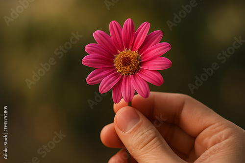 Hand Holding Pink Flower in Natural Light Close Up Floral Beauty Botanical Detail and Spring Season Concept for Nature and Lifestyle Branding