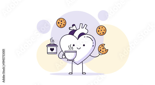 Cute Heart Character Juggling Cookies and Coffee, Healthy Lifestyle Concept