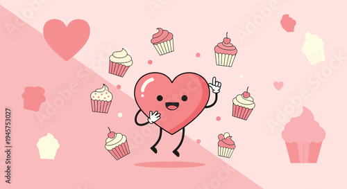 Cute Heart Character Jumping with Cupcakes, Valentine's Day Celebration